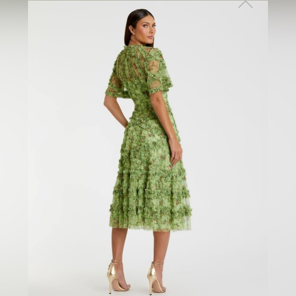 Mac Duggal Women's Floral Flutter Sleeve Mesh Print Dress in Sage Green #8010 - Picture 2 of 14